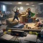 Children play imaginatively with cushions, toys, and cardboard in a lab observation room while scientists watch in surprise after a Wi-Fi outage.