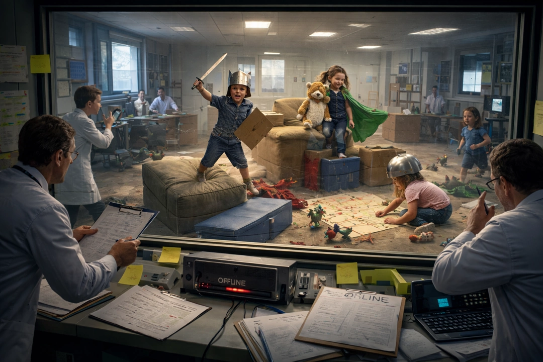 Children play imaginatively with cushions, toys, and cardboard in a lab observation room while scientists watch in surprise after a Wi-Fi outage.