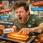 A man mid-sneeze accidentally taps a glowing "Subscribe Now!" button on his laptop, triggering a chaotic swirl of pop-up ads, QR codes, and subscription boxes labeled "ChairTime+," "Flossify," and "PeachDrop" in a cluttered living room.