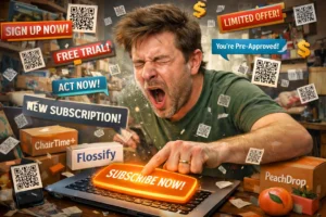 A man mid-sneeze accidentally taps a glowing "Subscribe Now!" button on his laptop, triggering a chaotic swirl of pop-up ads, QR codes, and subscription boxes labeled "ChairTime+," "Flossify," and "PeachDrop" in a cluttered living room.