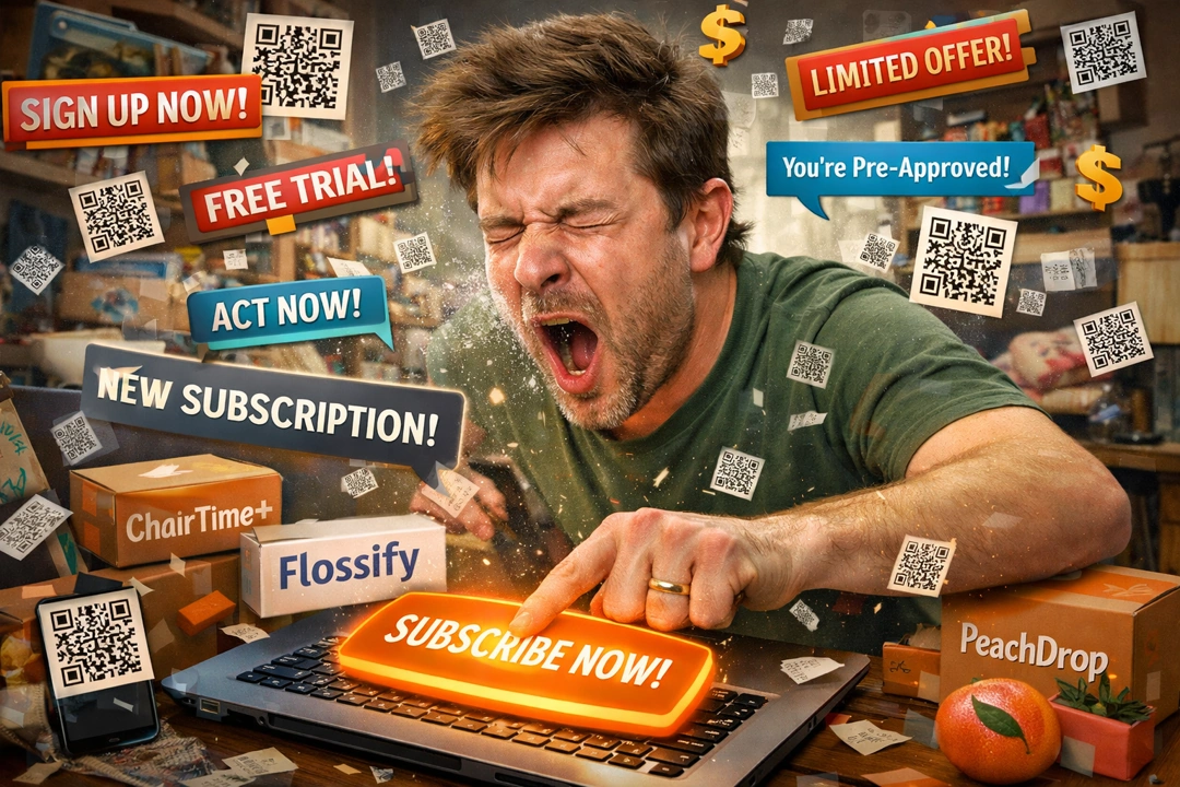 A man mid-sneeze accidentally taps a glowing "Subscribe Now!" button on his laptop, triggering a chaotic swirl of pop-up ads, QR codes, and subscription boxes labeled "ChairTime+," "Flossify," and "PeachDrop" in a cluttered living room.