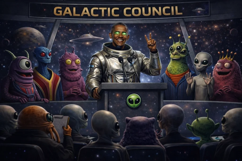 A smiling Barack Obama in a futuristic silver space suit speaks at a podium before a council of colorful extraterrestrials in a cosmic chamber labeled &ldquo;Galactic Council.&rdquo;
