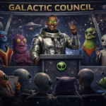 A smiling Barack Obama in a futuristic silver space suit speaks at a podium before a council of colorful extraterrestrials in a cosmic chamber labeled “Galactic Council.”