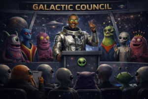 A smiling Barack Obama in a futuristic silver space suit speaks at a podium before a council of colorful extraterrestrials in a cosmic chamber labeled “Galactic Council.”
