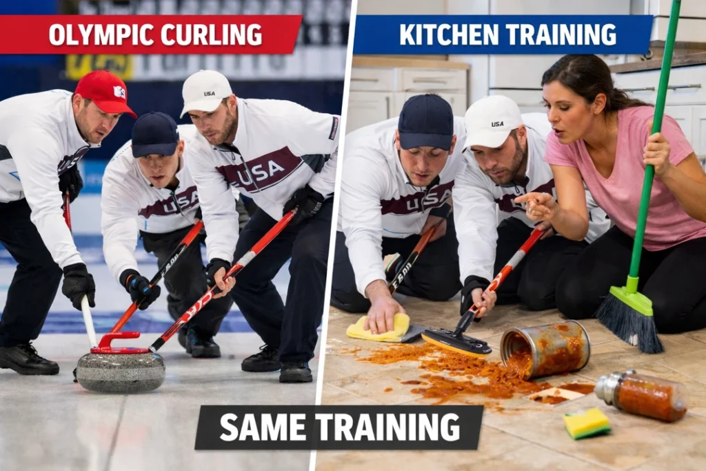 Split image showing curling athletes in identical poses. On the left they sweep a curling stone on Olympic ice, and on the right they clean a spilled jar of spaghetti sauce on a kitchen floor.