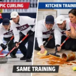 Split image showing curling athletes in identical poses. On the left they sweep a curling stone on Olympic ice, and on the right they clean a spilled jar of spaghetti sauce on a kitchen floor.