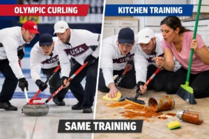 Split image showing curling athletes in identical poses. On the left they sweep a curling stone on Olympic ice, and on the right they clean a spilled jar of spaghetti sauce on a kitchen floor.