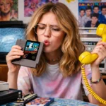 A confused young woman in a retro-themed room blows into a Duck Hunt NES cartridge while holding a yellow rotary phone, surrounded by vintage tech and 90s posters.