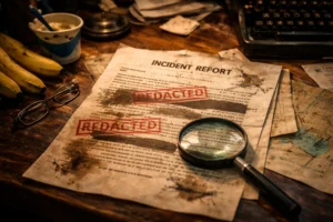 A cluttered wooden desk with a redacted incident report, bananas, yogurt, reading glasses, and a magnifying glass, suggesting mystery and chaos in an empty newsroom.