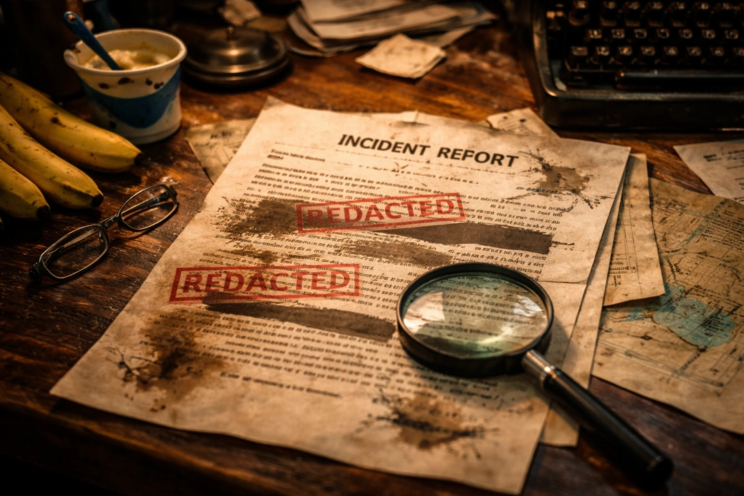 A cluttered wooden desk with a redacted incident report, bananas, yogurt, reading glasses, and a magnifying glass, suggesting mystery and chaos in an empty newsroom.