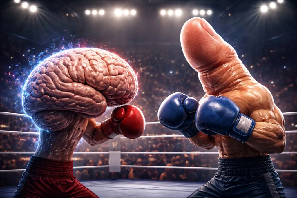 A muscular human thumb wearing boxing gloves faces off against a glowing human brain in a dramatic boxing ring under stadium lights.