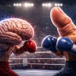 A muscular human thumb wearing boxing gloves faces off against a glowing human brain in a dramatic boxing ring under stadium lights.