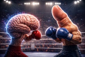 A muscular human thumb wearing boxing gloves faces off against a glowing human brain in a dramatic boxing ring under stadium lights.