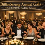 Guests in formal black-tie attire sit at tables in a luxurious ballroom beneath a banner reading “BillionStrong Annual Gala - Tickets $50,000 / Food Not Included,” looking confused at their empty plates.