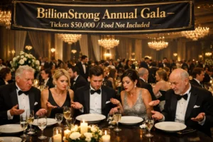 Guests in formal black-tie attire sit at tables in a luxurious ballroom beneath a banner reading “BillionStrong Annual Gala - Tickets $50,000 / Food Not Included,” looking confused at their empty plates.