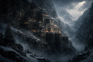 Hidden stone monastery built into a snowy mountain cliff, surrounded by fog and jagged peaks under a dark sky