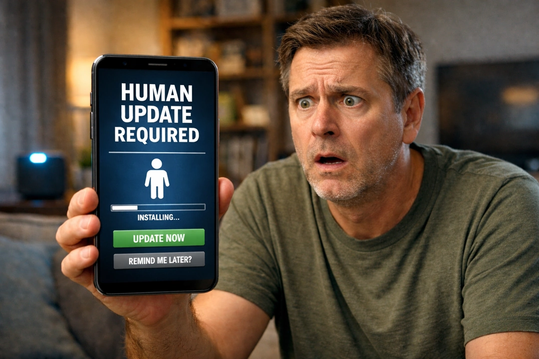 Confused man staring at smartphone showing &ldquo;Human Update Required&rdquo; message on screen