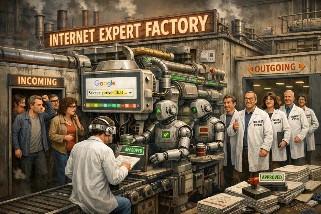 Factory turning confused people into &ldquo;Internet Experts&rdquo; after robots feed them Google search snippets and stamp them approved.