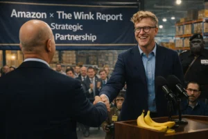 Walter Winkwink shakes hands with a corporate executive during a warehouse press event under a banner reading “Amazon x The Wink Report Strategic Partnership,” while primate journalists and staff watch in the background.