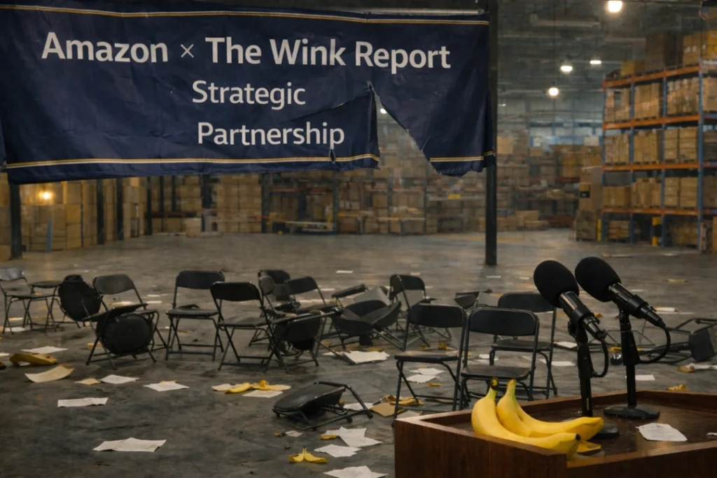 Abandoned warehouse press event with a torn “Amazon x The Wink Report Strategic Partnership” banner, overturned chairs, scattered papers, banana peels on the floor, and a podium with microphones and bananas in the foreground.