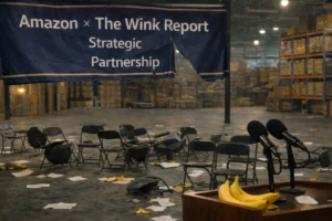 Abandoned warehouse press event with a torn “Amazon x The Wink Report Strategic Partnership” banner, overturned chairs, scattered papers, banana peels on the floor, and a podium with microphones and bananas in the foreground.
