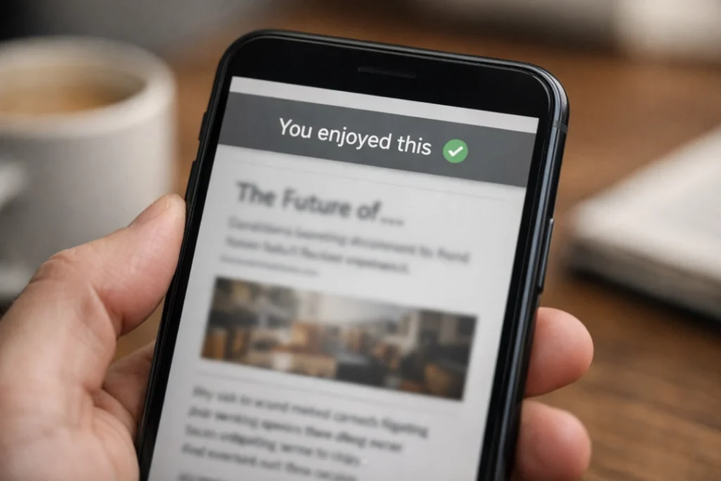 Close-up of a smartphone displaying an article with a notification at the top that reads “You enjoyed this,” while a person holds the device in a softly lit indoor setting.