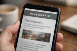 Close-up of a smartphone displaying an article with a notification at the top that reads “You enjoyed this,” while a person holds the device in a softly lit indoor setting.