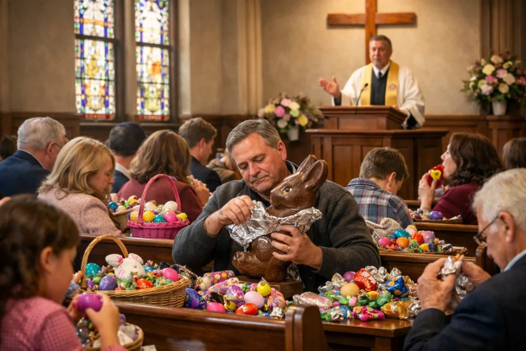 Church congregation during Easter service distracted by candy and chocolate bunnies while a pastor speaks at the pulpit