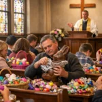 Church congregation during Easter service distracted by candy and chocolate bunnies while a pastor speaks at the pulpit