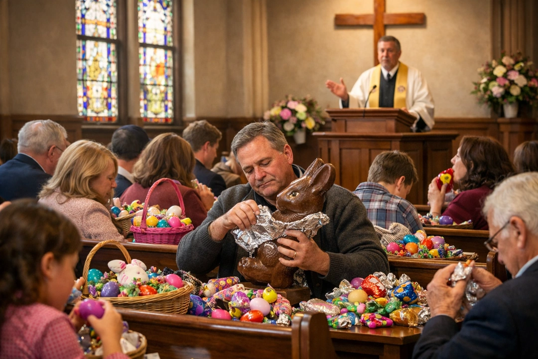 Church congregation during Easter service distracted by candy and chocolate bunnies while a pastor speaks at the pulpit