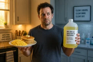 A confused man stands in a kitchen holding a plate of scrambled eggs and pancakes in one hand and a large container of colonoscopy prep liquid in the other, with warm lighting on one side and cool clinical lighting on the other.