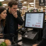A shocked couple at a grocery store checkout stares at a register screen showing a small number of items and an extremely high total, while the cashier looks unfazed.