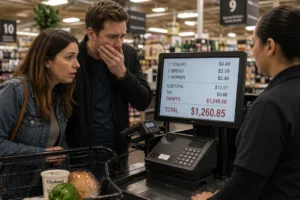 A shocked couple at a grocery store checkout stares at a register screen showing a small number of items and an extremely high total, while the cashier looks unfazed.