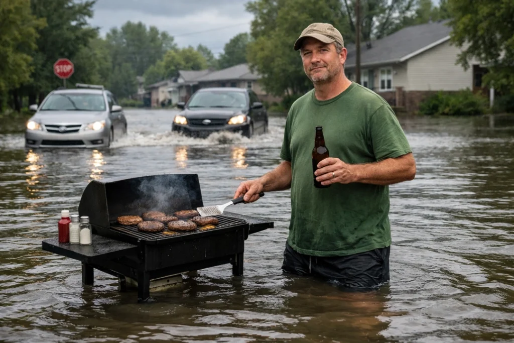 Man grilling burgers while standing in waist-deep floodwater in a Michigan neighborhood as cars drive through flooded street behind him