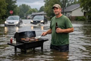 Man grilling burgers while standing in waist-deep floodwater in a Michigan neighborhood as cars drive through flooded street behind him
