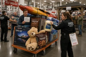 Costco shopper with an overloaded cart is stopped by an Adult Supervision Specialist while holding a short shopping list.