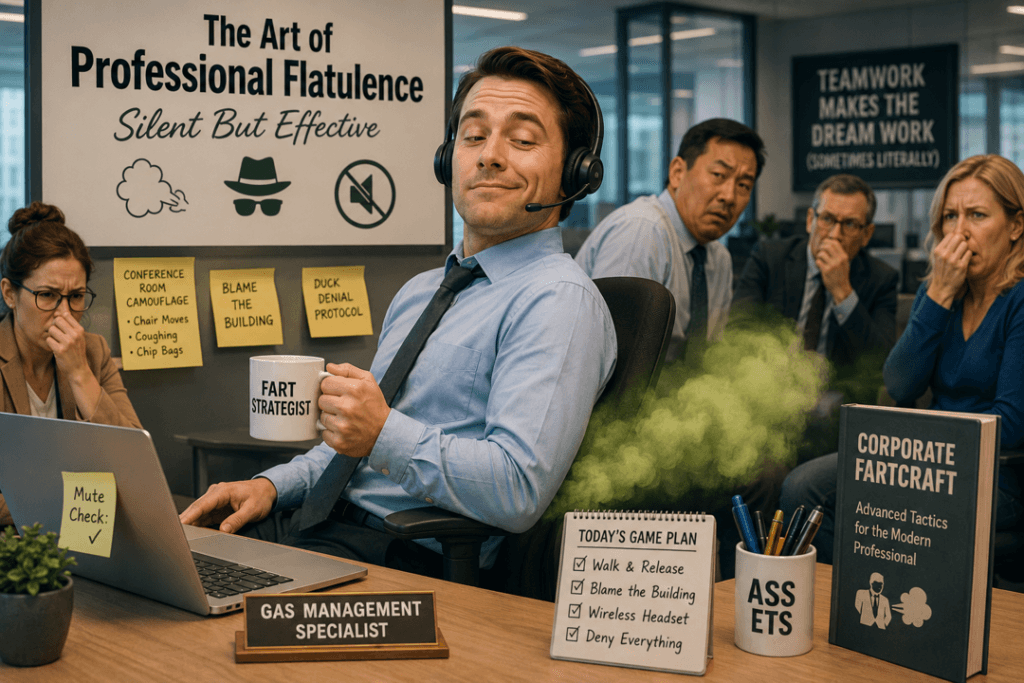 Office worker wearing a headset smiles at his desk as a green gas cloud spreads behind him and disgusted coworkers react.