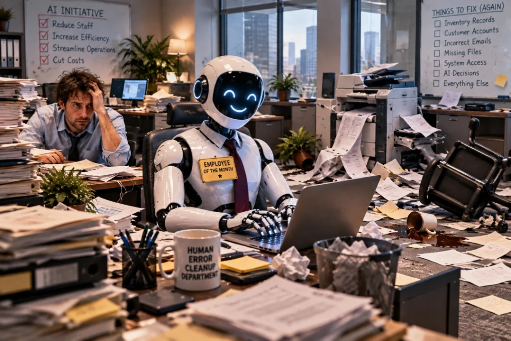 Humanoid AI robot named Employee of the Month calmly works at a laptop while an exhausted employee sits amid a chaotic, paperwork-filled office.