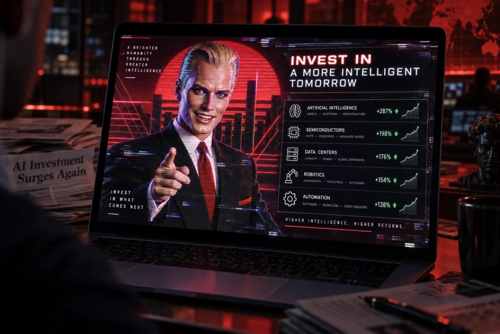 Retro-futuristic AI financial advisor on a laptop screen recommending investments in artificial intelligence, semiconductors, data centers, robotics, and automation.