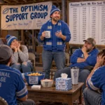 A basement support group of Detroit football fans in blue and silver, gathered beneath a banner reading &ldquo;The Optimism Support Group,&rdquo; with a wall chart titled &ldquo;Previous Years We Also Said This.&rdquo;