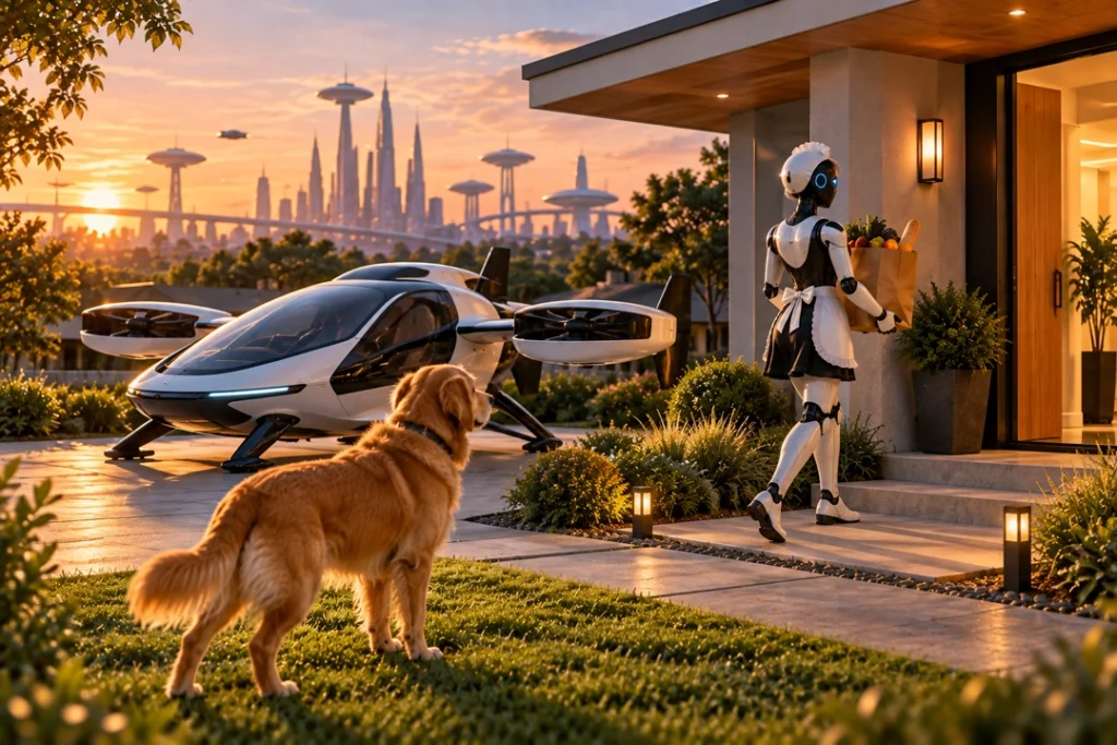 A humanoid household robot dressed like a maid carries groceries toward a modern home while a golden retriever watches from the lawn. A personal flying vehicle sits in the driveway with a futuristic city skyline in the distance.