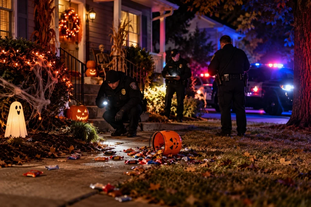Police officers investigate a mysterious Halloween candy theft outside a decorated suburban home, examining scattered candy and an overturned trick-or-treat bucket beneath flashing police lights.