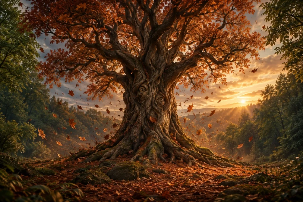 A massive, ancient tree with twisted roots and copper-orange leaves stands in a lush green forest clearing at sunset. Eye-like knots appear in its gnarled bark as autumn leaves swirl mysteriously around it.